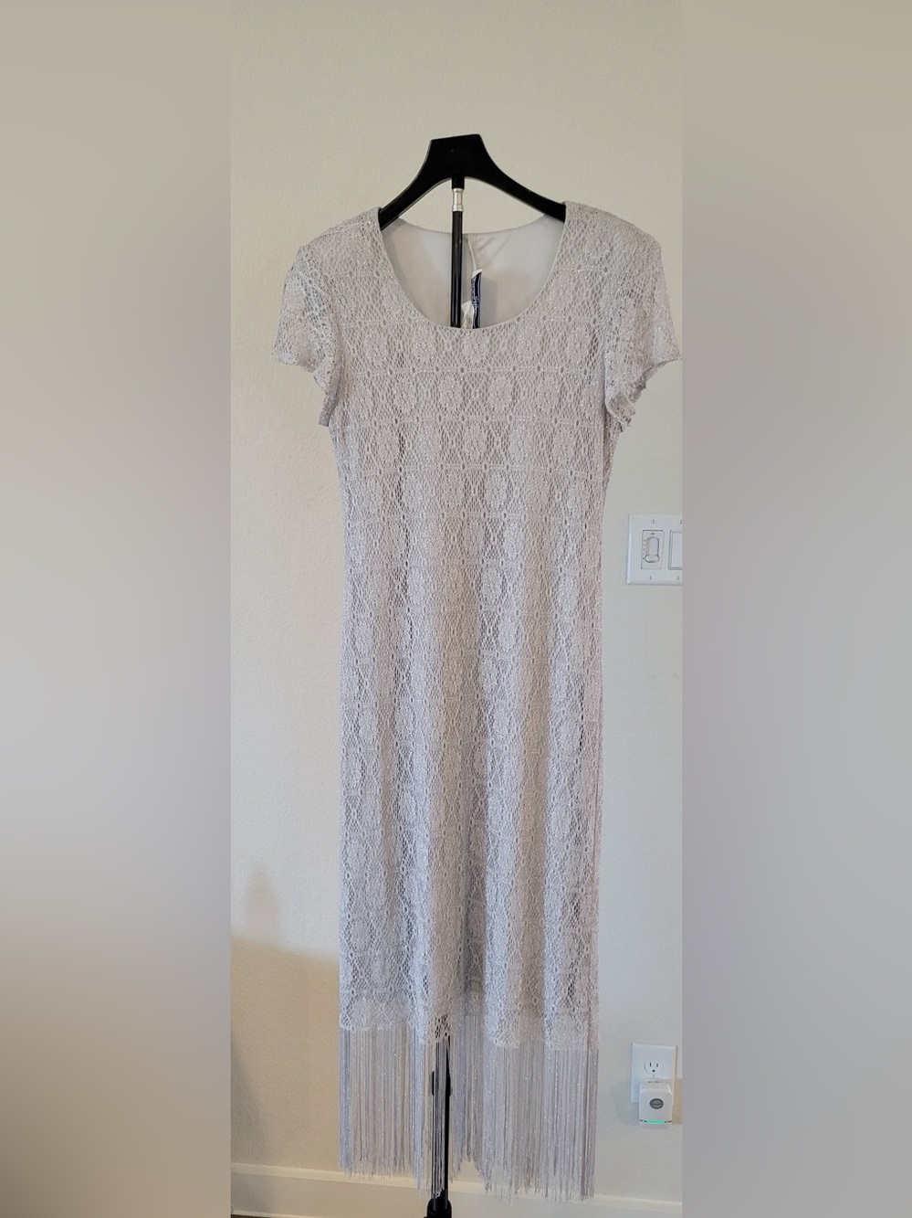 Jessica Howard Petite 14 White Crochet Lace Fringe Maxi Dress Short Sleeve